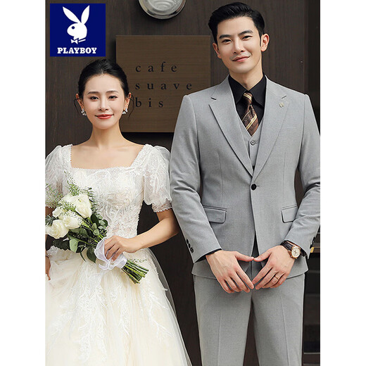 Playboy (PLAYBOY) Business Professional Formal Wear Groom Wedding Suit Suit Men's Korean Slim Dress Suit British Top Men Gray Single Button Suit+Pants+Tie XL Recommended 120-135Jin Jin equals 0.5 kg
