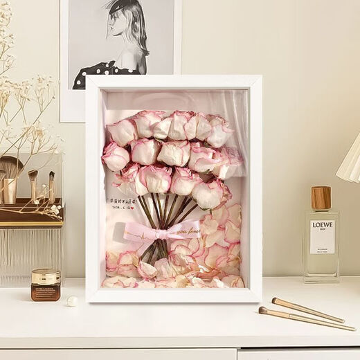 Chinese Valentine's Day gift hollow three-dimensional photo frame dried flowers preservation handmade creative diy picture frame eternal rose specimen table solid wood color + ribbon + glue + bottom paper + lanterns 10 inches suitable for 5-10 flowers