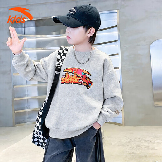 ANTA children's fleece sweatshirt 2026 Spring New Year's model for the Year of the Horse, middle and large children's cotton thickened and warm zodiac year New Year's greeting clothes, gray floral gray, casual and versatile 140 cm