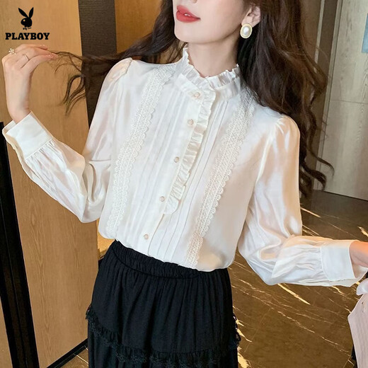 Playboy (PLAYBOY) French-style fungus-edged long-sleeved chiffon shirt for women 2026 autumn new chic age-reducing temperament top official flagship white S