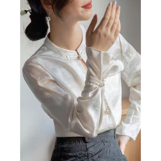 Playboy (PLAYBOY) Chinese button-up shirt 2026 jacquard new spring national style satin design retro long-sleeved top stand collar official flagship apricot color S 94Jin Jin equal to 0.5 kg or less