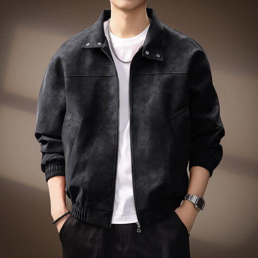 Noble color high-end American retro tie-dyed PU leather jacket for men in spring and autumn trendy brand handsome casual leather jacket for men Obsidian Black 3XL suitable for 190-210Jin Jin is equal to 0.5 kg