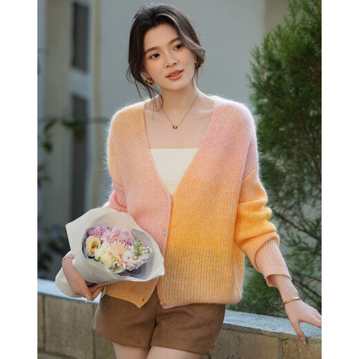 Demana sheep wool/mohair spring irregular gradient cardigan V-neck small slim knitted sweater for women