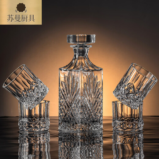 Tuojin whiskey glass and bottle combination set foreign wine glass crystal glass high-end wineware flask European home hand-painted ice cracked style_6 pieces + 750ml wine bottle + handle cup holder 300ml