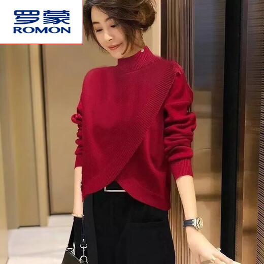 ROMON Cardigan Women's Chinese Red Knit Sweater Half Turtle Collar Loose Western Style Autumn and Winter New European Station Bottoming Sweater Bright Red Beads M 90Jin Jin is equal to 0.5kg -105Jin Jin is equal to 0.5kg