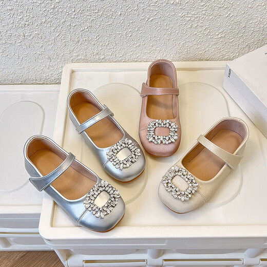 Girls' Leather Shoes 2026 Spring and Autumn New Rhinestone Versatile Children's Princess Shoes Non-Slip Soft Bottom Flat Shoes Champagne Color Single Layer 27 Inner Length 17.5cm