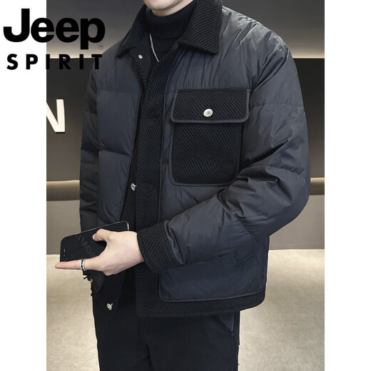 JEEP SPIRIT International brand winter high-end splicing men's down jacket Korean style lapel short jacket fashionable and versatile black L 110-130