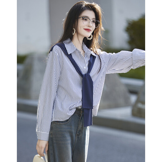 Demana shawl decorative shirt, spring and autumn lapel loose striped long-sleeved off-shoulder shirt for women