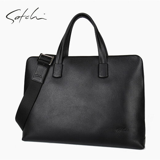 SATCHI men's bag business briefcase first layer cowhide handbag large capacity shoulder crossbody bag computer bag black 14 inches