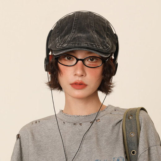 IIING Cap Controlled Washed Denim Beret Women's Distressed Versatile Big Head Circumference Showing Face Small Retro Progressive Hat Men's Washed Charcoal Black M One Size (53-59c) Head Circumference Not Adjustable
