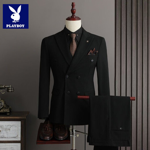 Playboy (PLAYBOY) 2026 double-breasted suit suit men's business formal wear high-end suit groom wedding dress slim jacket medium gray single suit XL recommended 120-135 Jin Jin equals 0.5 kg