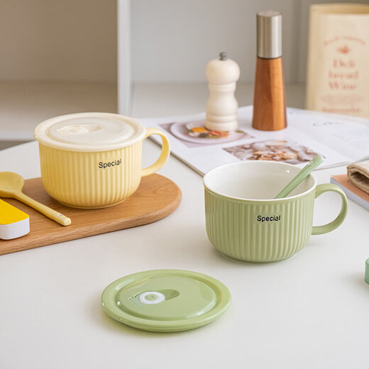 Tuojin German imported quality cream ceramic office worker lunch box lunch box with lid microwave household single handle 5.25 inches milky white_single bowl__vertical pattern_with handle