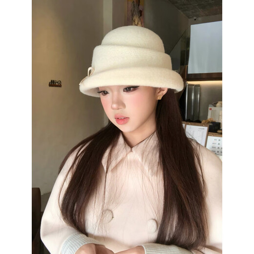 Shijanu retro French bow hat wig women's autumn and winter Hepburn style fisherman hat black brown water ripple milk white bow hat