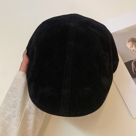 U&MUDI Japanese retro suede brown progressive hat for women with big head circumference and face, small literary and artistic versatile reverse beret hat trendy black one size (55-59cm)