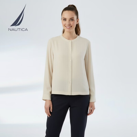 NAUTICA Women's 26th Spring New Arrival Lantern Sleeve Round Neck Long Sleeve Shirt Casual Cardigan Top 01WO26108WW Navy Blue 4NV L