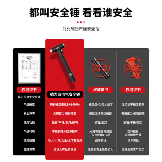 Delixi Electric's multi-functional safety hammer for breaking windows, a must-have for emergency car escapes, a set of four-in-one super safety hammer (lighting/window breaking/cutting knife/flat hammer)