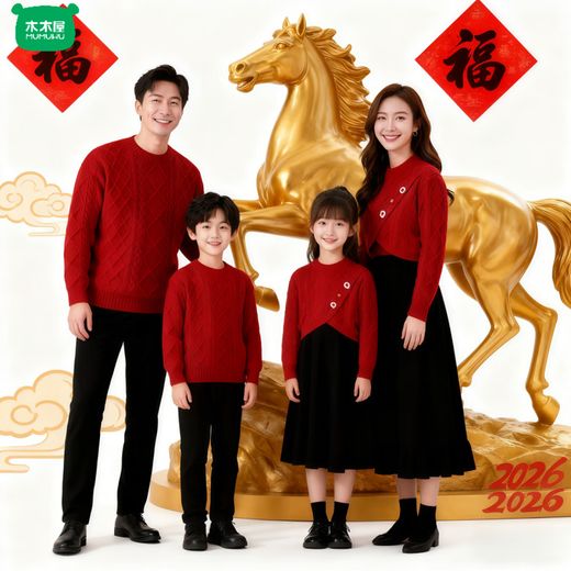 Wooden house festive parent-child outfit sweater autumn and winter family of three winter mother and child burgundy sweater New Year mother and daughter dress burgundy sweater boys style 140 children height about 133cm