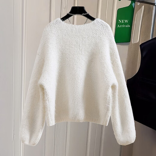 She Pool Round Neck Sweater 2026 Spring New Women's Lazy Style Loose Style Dropped Shoulder Sleeve Pullover Short Top Beige One Size