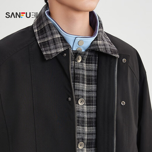 SANFU 2026 Spring Men's Plaid Lapel Work Jacket Casual Split Loose Jacket 518786 Black M