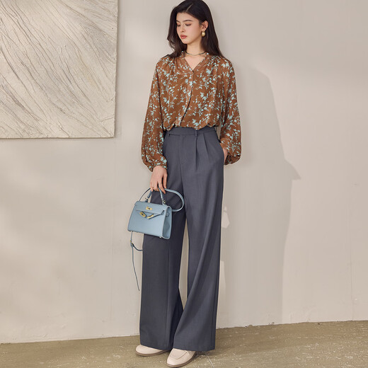 ROEYSHOUSE French retro floral V-neck chiffon shirt for women spring gentle lantern sleeves loose slimming top 13452 color S