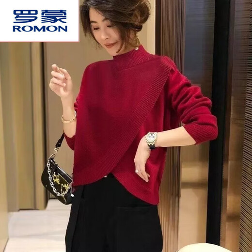 ROMON Cardigan Women's Chinese Red Knit Sweater Half Turtle Collar Loose Western Style Autumn and Winter New European Station Bottoming Sweater Bright Red Beads M 90Jin Jin is equal to 0.5kg -105Jin Jin is equal to 0.5kg