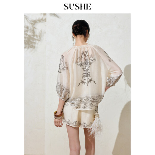 SUSHE Youli New Bohemian Style Tencel Linen Printed Top Elastic Waist Shorts Suit Women Dark Color-Top (comes with suspenders) L