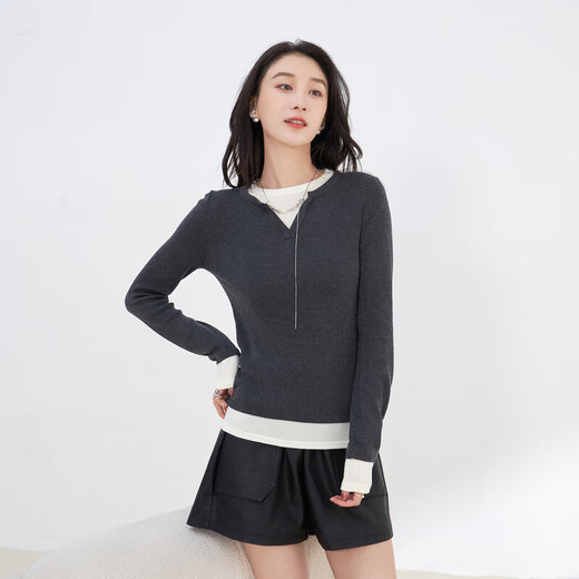 XIRAN 2025 Autumn and Winter New Fake Two-Piece Simple, Versatile, Slim, Slim and Temperament Commuting Sweater for Women, Gray, One Size
