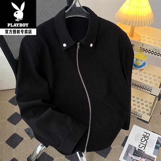Playboy (PLAYBOY) Spring and Autumn Japanese Motorcycle Style Men's Jacket Black Windproof Versatile Jacket Korean Style Trendy Solid Color Men's Clothing Black M