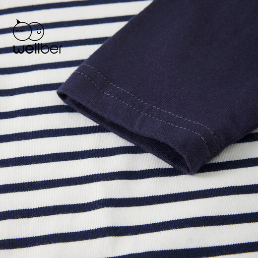 WELLBER children's T-shirt spring and autumn new long-sleeved T-shirt striped versatile contrasting color splicing top baby inner wear pure cotton for children and middle-aged children basic model navy 90