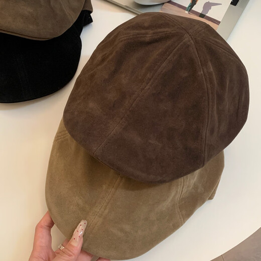 U&MUDI Japanese retro suede brown progressive hat for women with big head circumference and face, small literary and artistic versatile reverse beret hat trendy black one size (55-59cm)