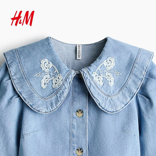 H&M Women's Shirt 2026 Spring New Collared Denim Fashion Trend Short Denim Jacket 1316675 Light Denim Blue/Flower XS 155/80