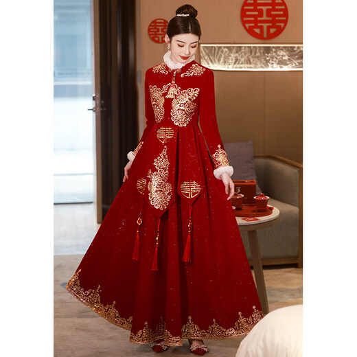 Shijanu Pregnant Women's Toast Wear Bride 2025 New Chinese Style Cheongsam Wedding Engagement Dress Large Size Fat mm Xiuhe Autumn and Winter Burgundy F0189-With Shawl (shawl detachable)_Length 138cm or so XS