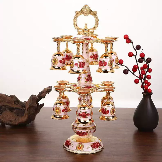 Yusenyi Selected Wineware Set Metal European White Wine Glass Double-layer Cup Holder 6 Cups 12-cup Wineware Set Retro Enamel Wine Double-layer Rich Silver White Red Flower