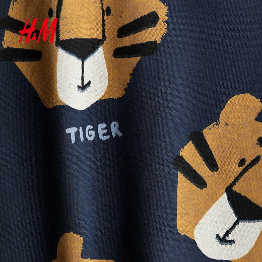 H&M 2026 Spring New Children's Clothing Children's Boys Printed Cotton T-Shirt 1323877 Navy Blue/Tiger 110 110/56 (2-4Y)