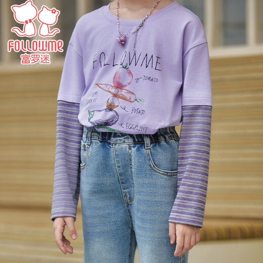 Fuluomi girls fake two-piece T-shirt spring new casual striped stitching long-sleeved T-shirt purple 110