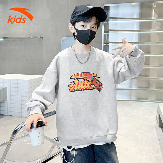 ANTA children's fleece sweatshirt 2026 Spring New Year's model for the Year of the Horse, middle and large children's cotton thickened and warm zodiac year New Year's greeting clothes, gray floral gray, casual and versatile 140 cm