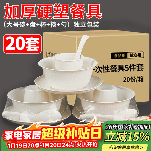 SHUANG YU disposable tableware five-piece set * 20 people large bowl chopsticks plate cup spoon outdoor camping picnic set