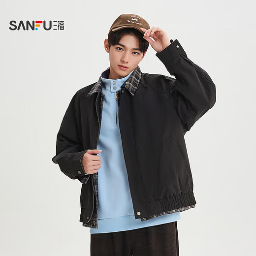 SANFU 2026 Spring Men's Plaid Lapel Work Jacket Casual Split Loose Jacket 518786 Black M