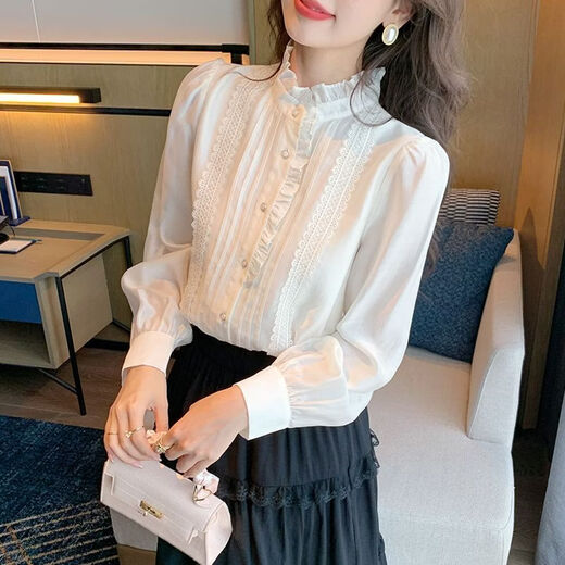Playboy (PLAYBOY) French-style fungus-edged long-sleeved chiffon shirt for women 2026 autumn new chic age-reducing temperament top official flagship white S