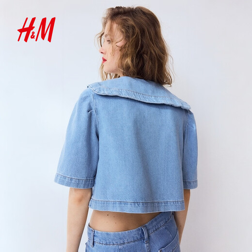 H&M Women's Shirt 2026 Spring New Collared Denim Fashion Trend Short Denim Jacket 1316675 Light Denim Blue/Flower XS 155/80