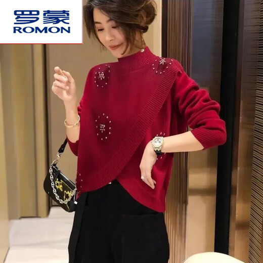ROMON Cardigan Women's Chinese Red Knit Sweater Half Turtle Collar Loose Western Style Autumn and Winter New European Station Bottoming Sweater Bright Red Beads M 90Jin Jin is equal to 0.5kg -105Jin Jin is equal to 0.5kg