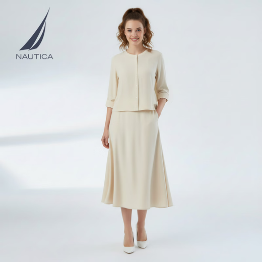 NAUTICA Women's 26th Spring New Arrival Lantern Sleeve Round Neck Long Sleeve Shirt Casual Cardigan Top 01WO26108WW Navy Blue 4NV L