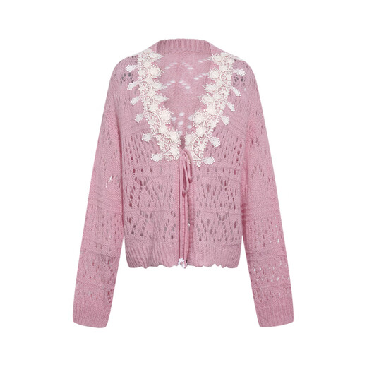 Two or three things are nostalgic for inertia 2026 spring new style sweet lace stitching hollow mohair strap knitted cardigan for women light pink-y S