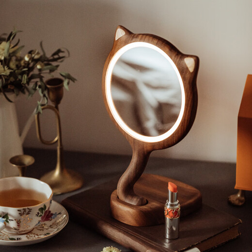 Anniversary gift, high-end original design solid wood makeup mirror, LED makeup table decoration for girlfriend, cute and creative Miss Meow makeup mirror, beech wood glossy model