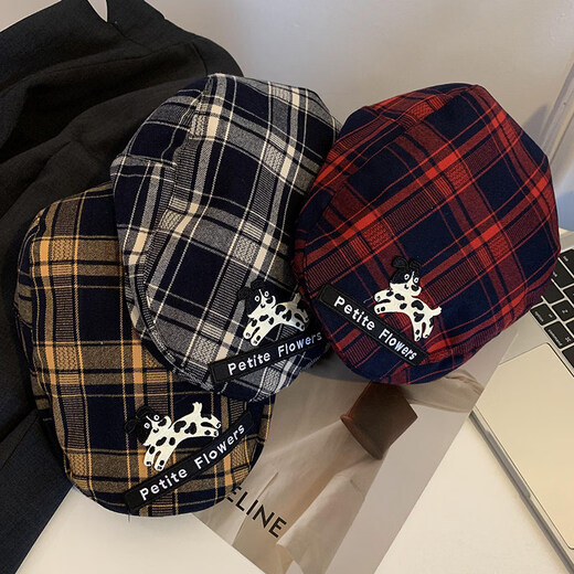 Xiaohongshu Korean style red plaid puppy forward hat for women spring and autumn all-match niche beret big head circumference red plaid M (5658cm)