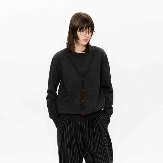 Kreate wool lyocell cloud-like double-stranded fake two-piece old money style loose knitted cardigan jacket for men in autumn and winter black gray S