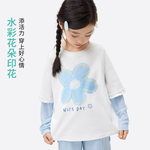 Xiaoyinman children's clothing girls pure cotton T-shirt fake two-piece 26 spring middle and older girls flower printed bottoming shirt off-white 150