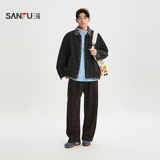 SANFU 2026 Spring Men's Plaid Lapel Work Jacket Casual Split Loose Jacket 518786 Black M