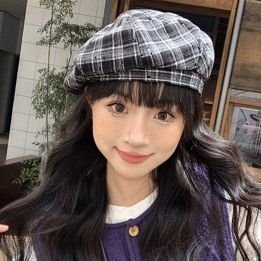 Spring and Autumn Octagonal Hat Women's Retro Newsboy Hat Niche Casual Plaid Beret Progressive Hat Khaki One Size