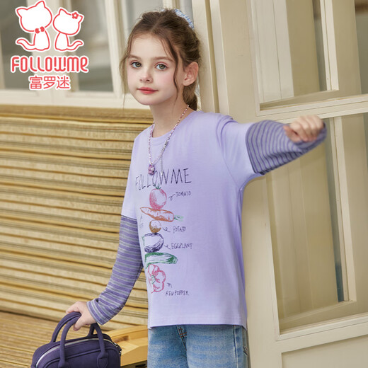 Fuluomi girls fake two-piece T-shirt spring new casual striped stitching long-sleeved T-shirt purple 110
